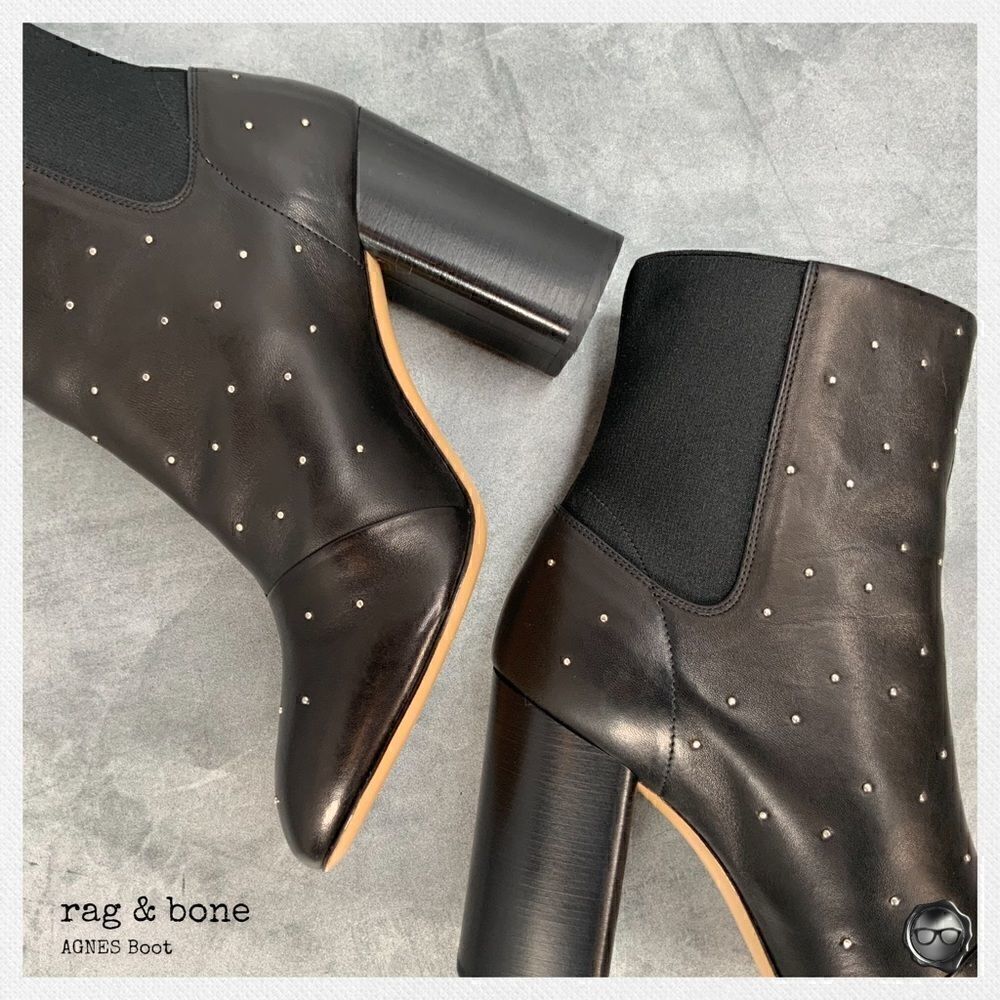RAG & BONE AGNES STUDDED BLACK LEATHER BOOTS WOMEN’S HIGH HEEL CHELSEA BOOTIES - Picture 12 of 15